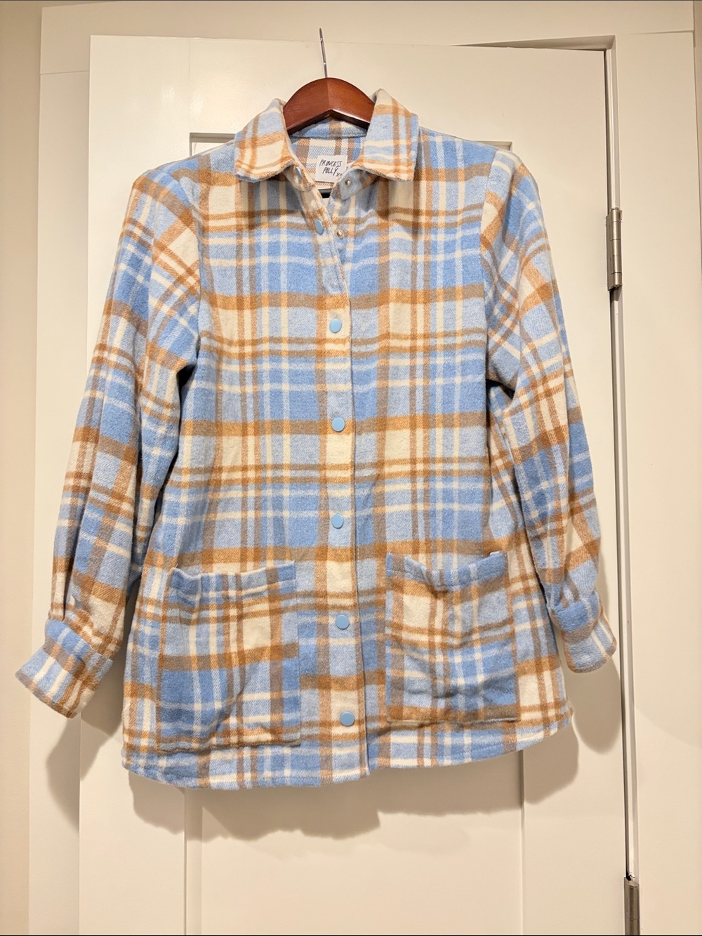 Princess Polly Blue, Tan & Cream Plaid Teddy Jacket
